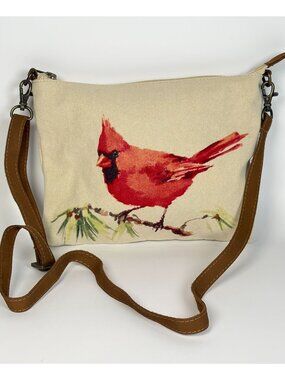 Cott N Curls Canvas Crossbody Bag Cardinal Print Detachable Leather Strap